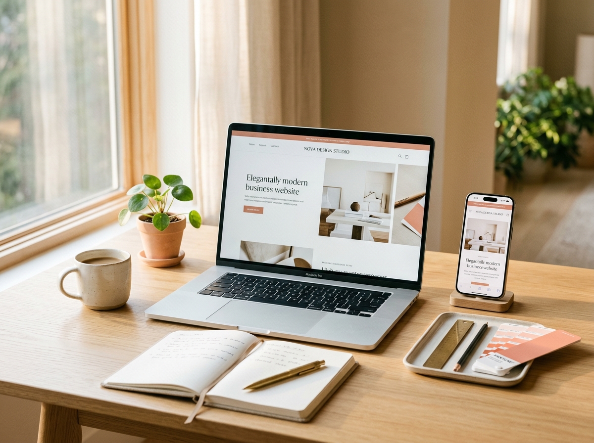 Espacio de trabajo contemporáneo y revisión de calidad de Web Express en celular y computador